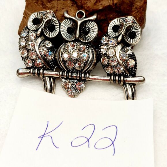 Owls On A Branch Pendant Charm Bale AB Rhinestones Silver Tone - Picture 5 of 5